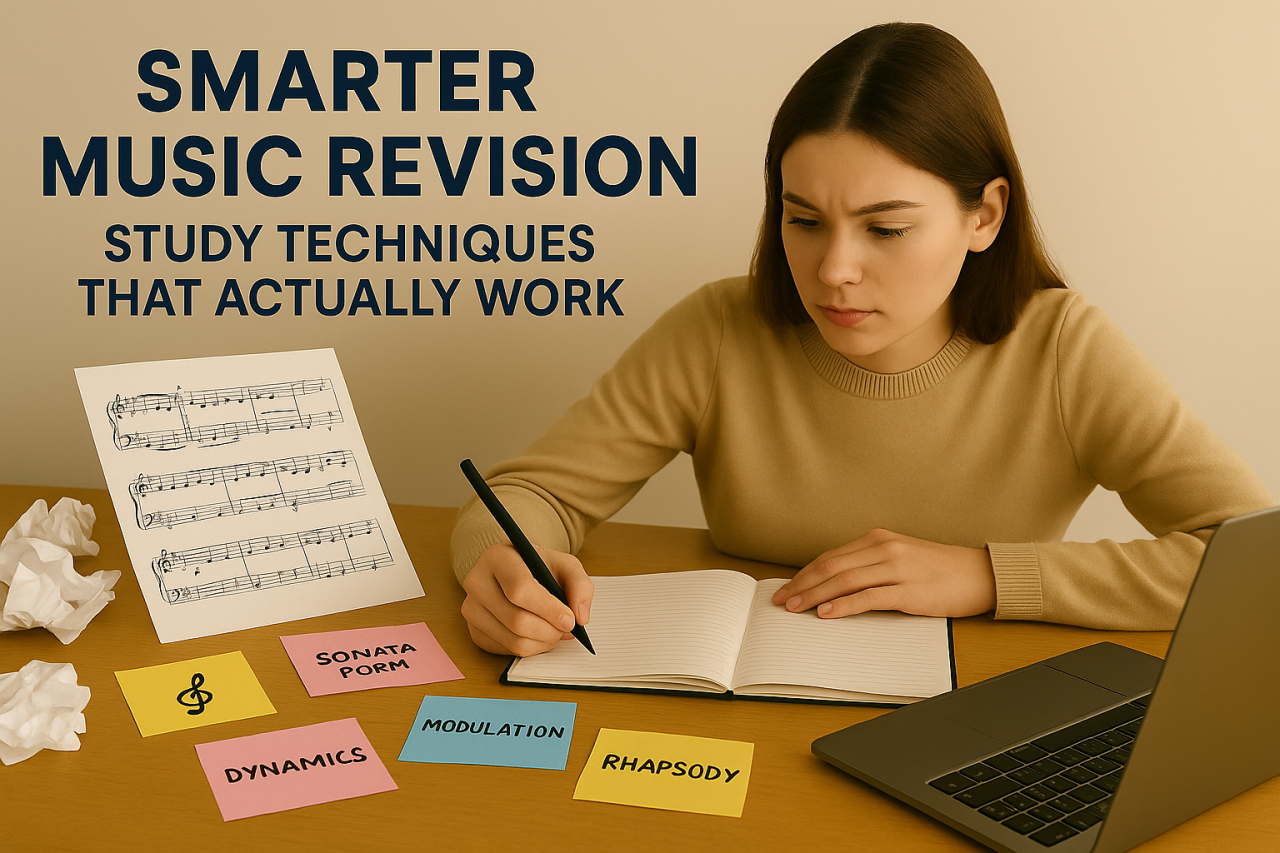 Music student studying with notes, laptop, and sheet music, representing effective revision methods for GCSE and A-Level Music